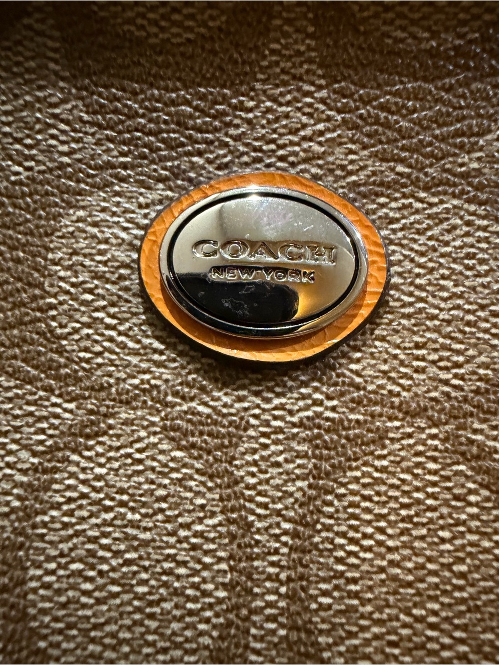 Coach Signature Canvas Zip Top Tote Bag Khaki Orange Leather Trim - Picture 4 of 13